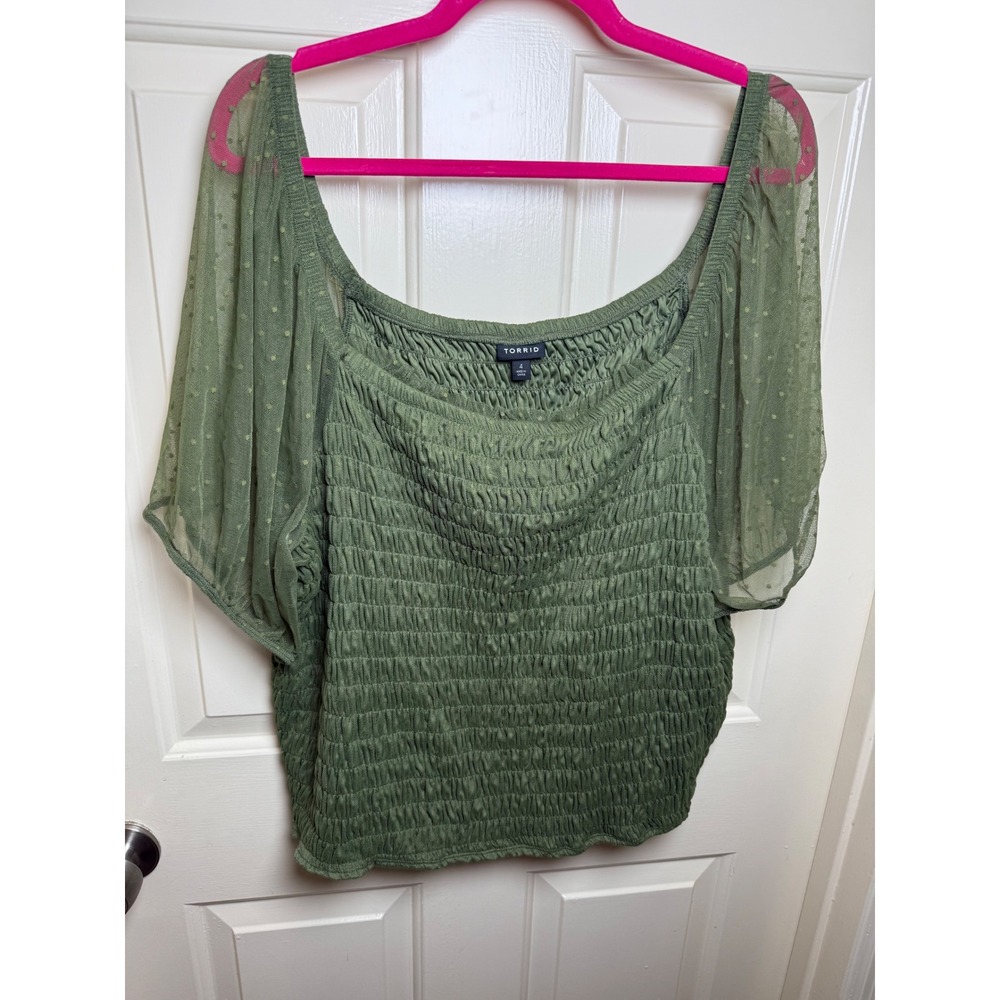 Torrid Olive Green Smocked Swiss Dot Mesh Sleeve Top Size 4
